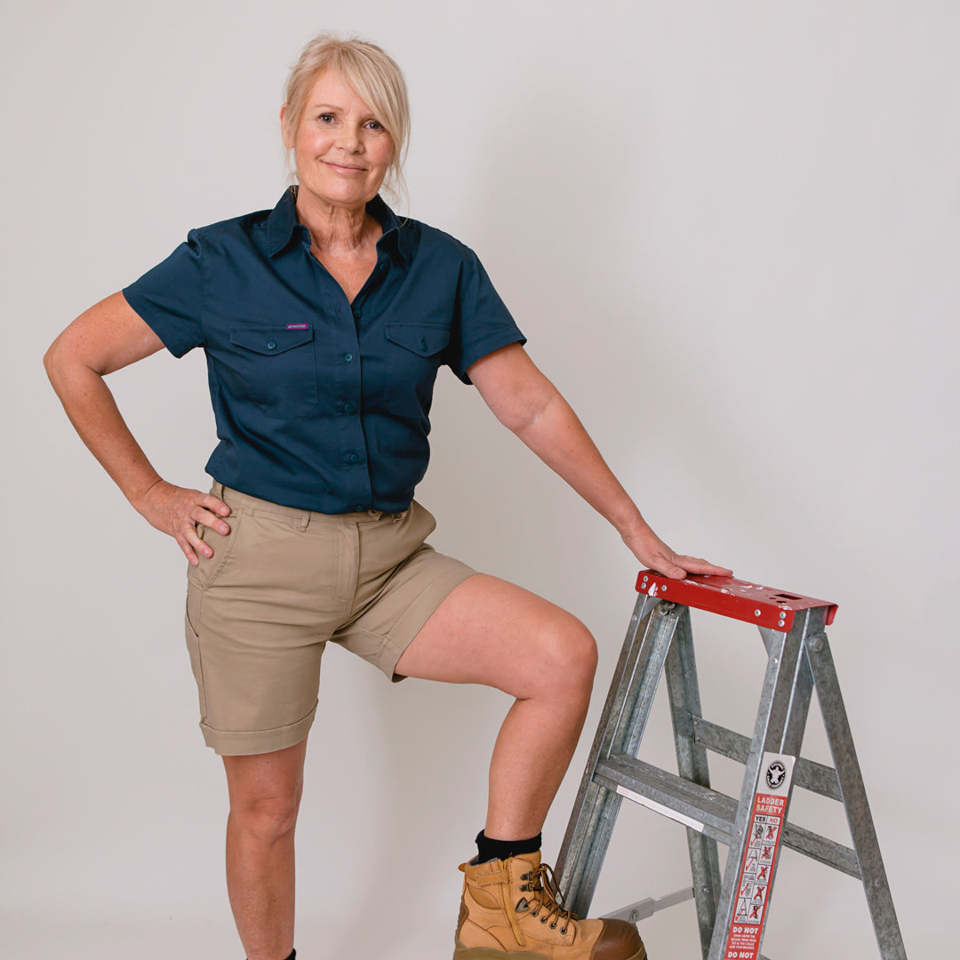 Tradie Shorts, khaki, high rise, mid thigh 