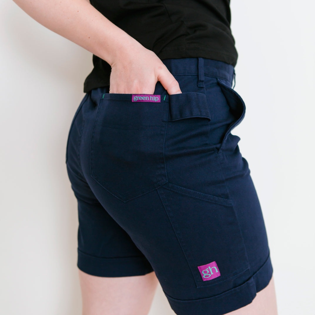 heavy weight tradie shorts, gardening, navy blue