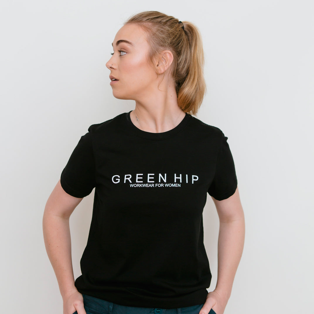 Black Short sleeve T-shirt. Printed with text "Green Hip Workwear for women"