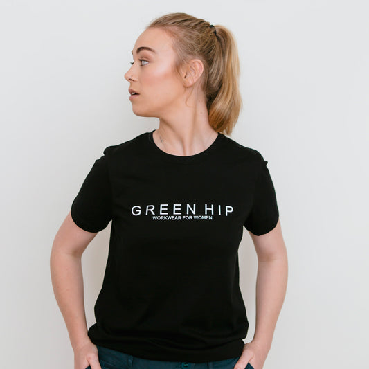 Black Short sleeve T-shirt. Printed with text "Green Hip Workwear for women"