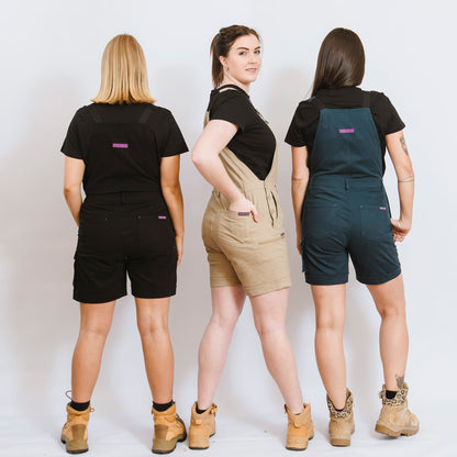 womens short overalls shortalls, khaki, tradie, garden, maternity, officwear
