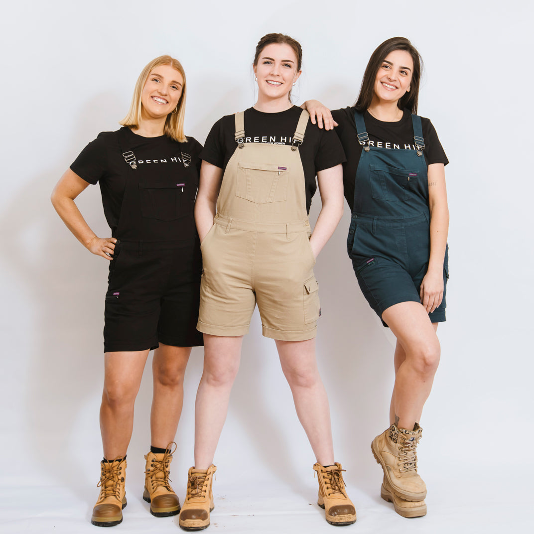 Womens short overalls workwear, tradie, outdoors, garden