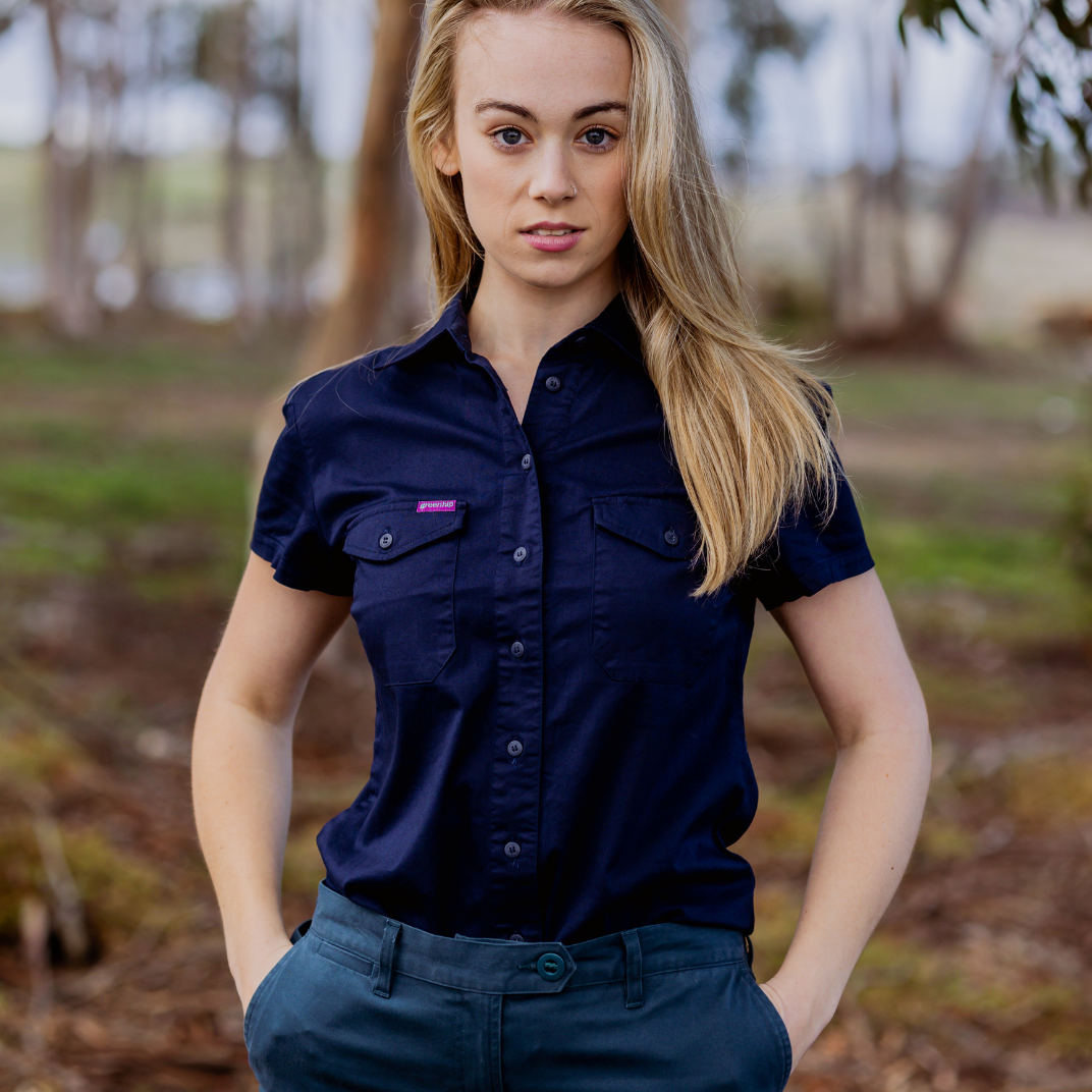 tradie lady short sleeve shirt, button up, navy blue