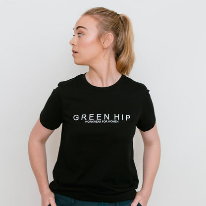 Black Short sleeve T-shirt. Printed with text "Green Hip Workwear for women" 